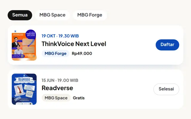 Tampilan Ikut webinar bareng mentor di app.maubisa.id/acara